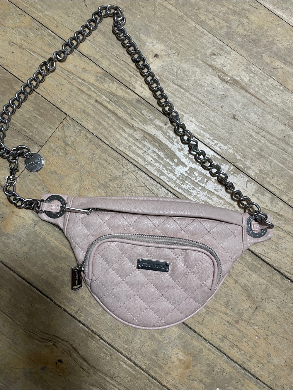 Steve Madden Quilted Light Pink Crossbody Belt Bag with Silver Chain